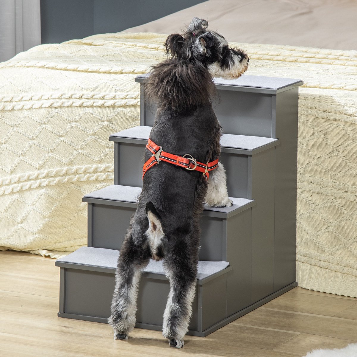 MEUNIQ huisdiertrap met 4 treden 40 x 59 x 54,2 cm antislip opstaphulp voor hond en kat tot 30 kg voor bank of bed grijs