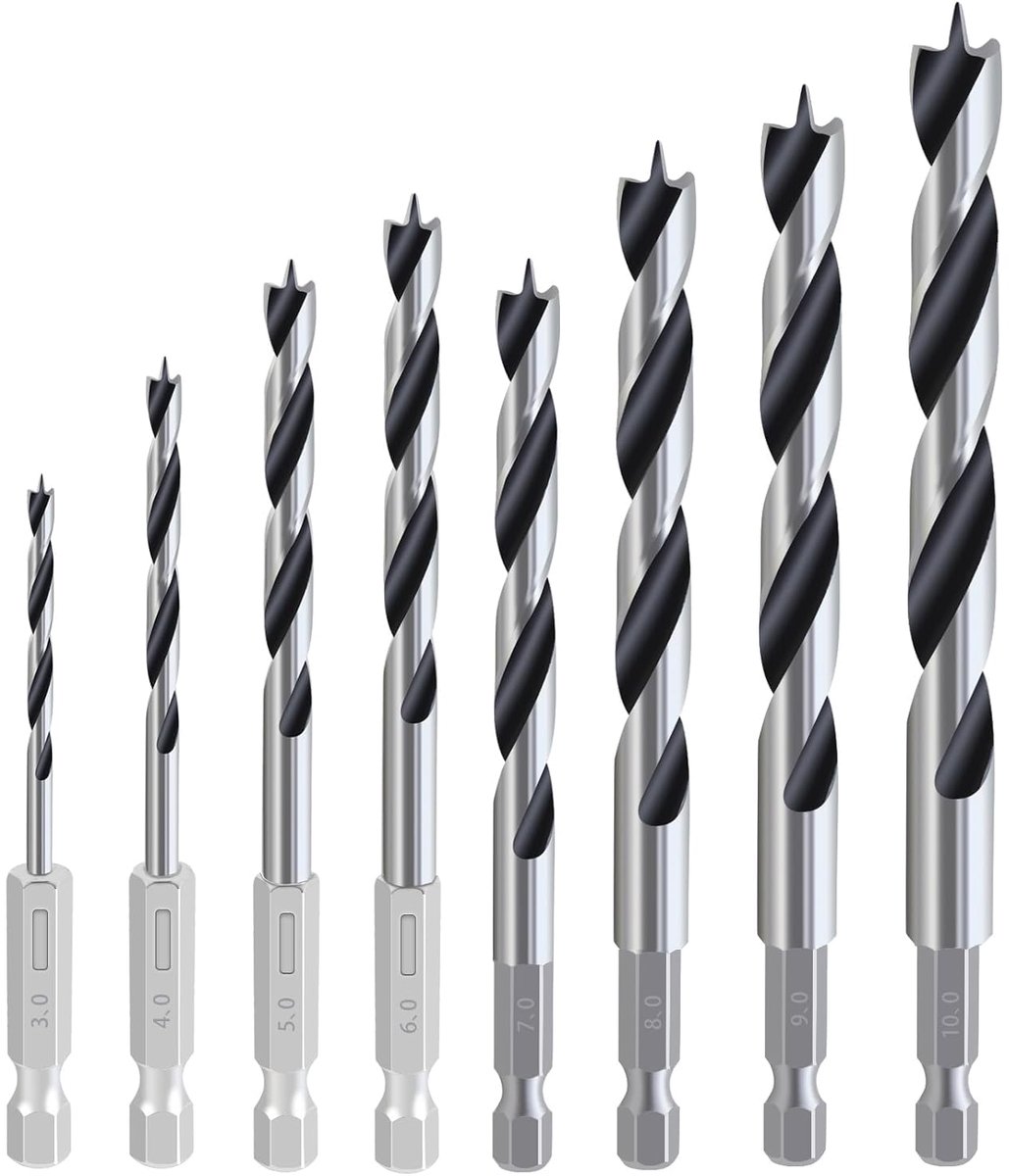 8 stuks houtbewerking dowel borenset, houten spiraalboor voor hardhout en zacht hout met 1/4 inch zeskantige opname, Brad Point boor, Ø 3-10 mm