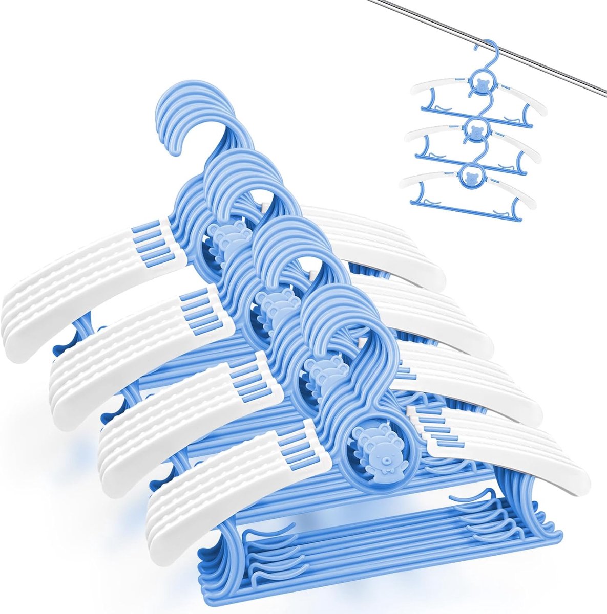 Kleerhangers, kinderkleerhangers, uittrekbare kunststof met stapelbare beertjeshaken, antislip babykleerhangers voor kinderkleding en babygarderobe (blauw)