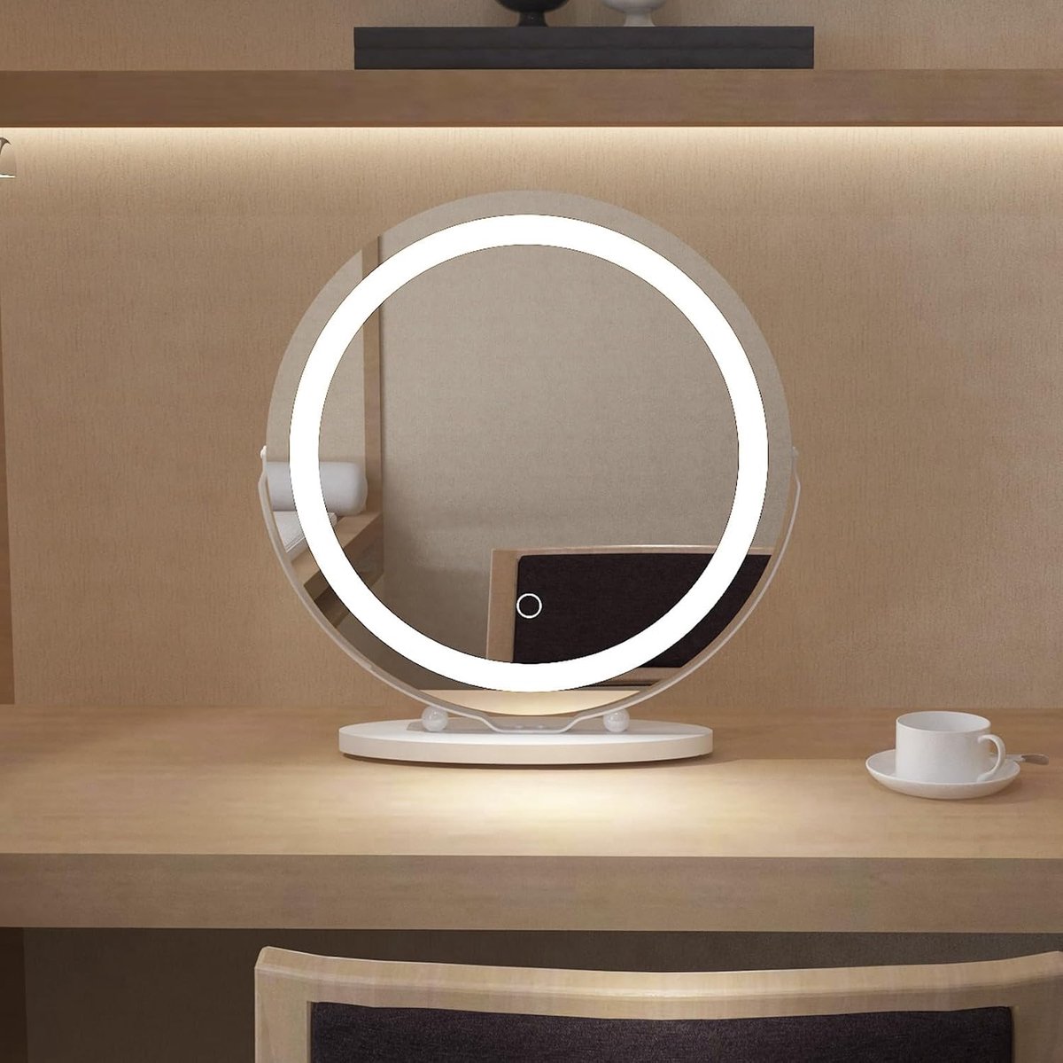 Ronde make-upspiegel, 50 cm, met aanraakschakelaar, dimbaar, 3 kleuren, ledlicht, 360 graden draaibaar, cosmeticaspiegel, badkamerspiegel, tafelspiegel, wit, metalen frame