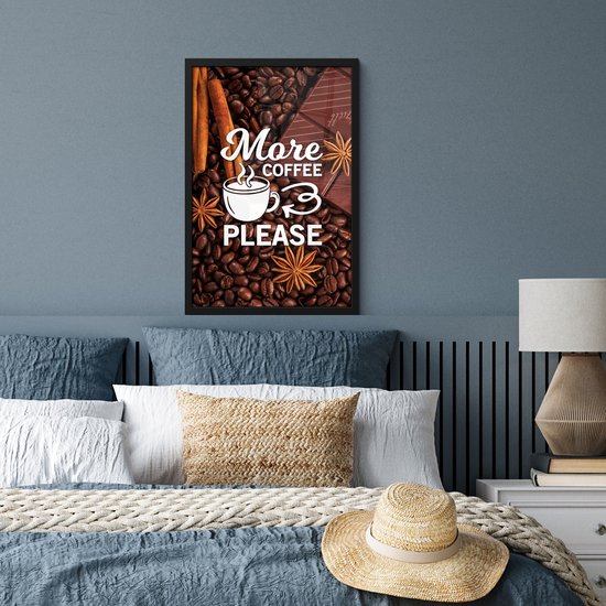 Affiche avec cadre Citation de Café 'Plus de café s'il vous plaît' avec un fond de grains de café - 40x60 cm