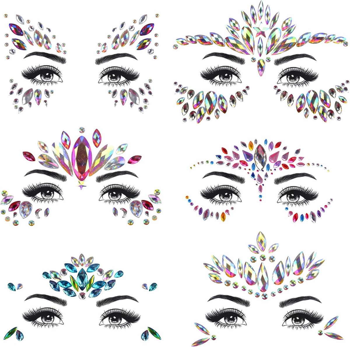 Set van 6 edelstenen, glitters, gezicht, festival, sieraden, zelfklevende tijdelijke tatoeage op het gezicht, voor glittereffect, parties, shows (type 1)