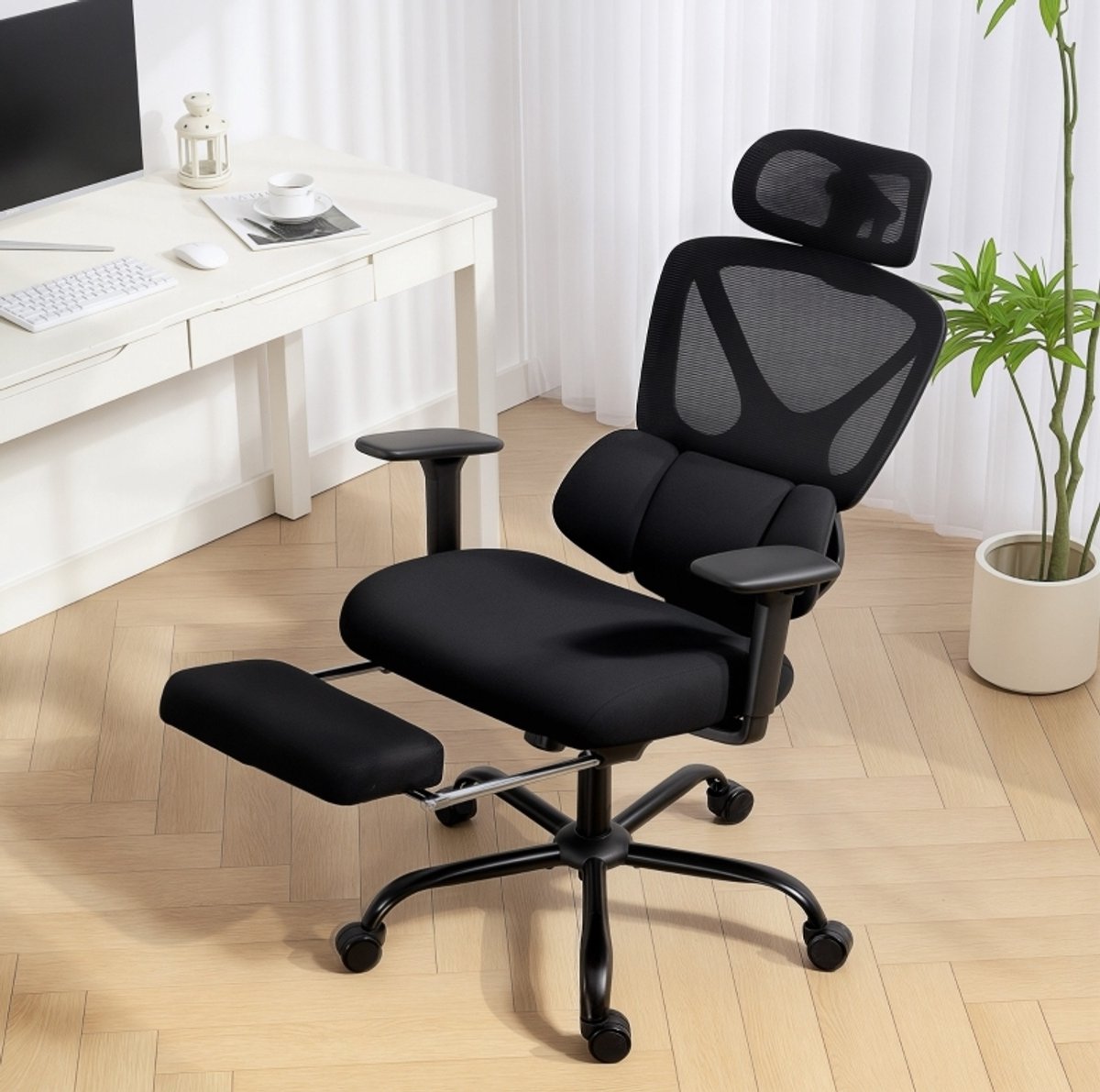 MEUNIQ ergonomische bureaustoel met netrug, lendensteun, verstelbare hoofdsteun, 3D armleuningen en voetsteun, 135° kantelbaar, 360° draaibaar, zwart