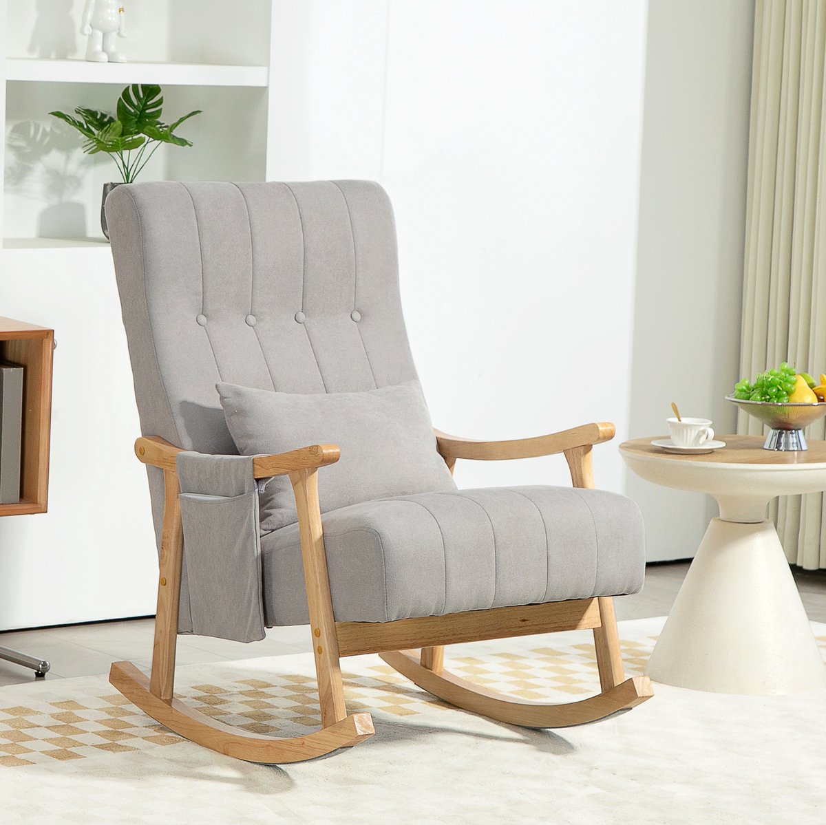 MEUNIQ schommelstoel met lendenkussen en zijvakken, gewatteerde fauteuil met houten frame en armleuningen, 65 x 90 x 98 cm, voor woonkamer of slaapkamer, grijs