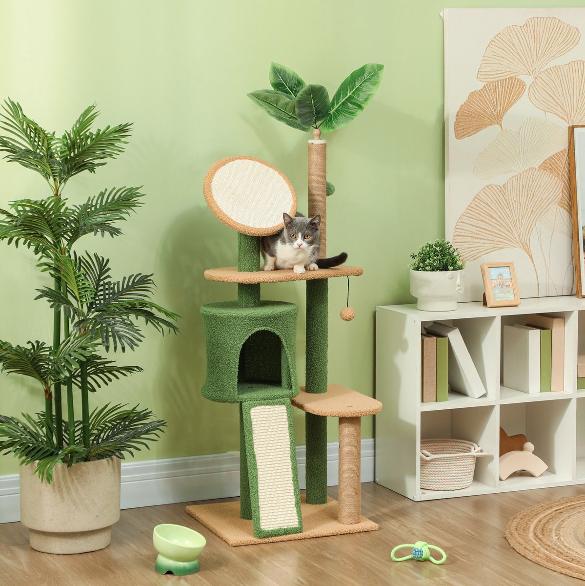 MEUNIQ Krabpaal 139 cm met kattenhuisje, sisal krabpalen, meerdere platforms, helling, krabmat en 2 speelballen voor 1-2 katten tot 5 kg, groen