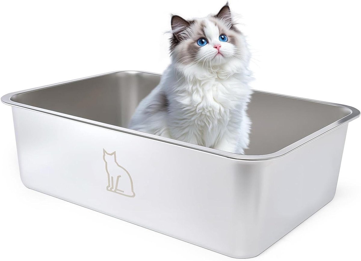 Kattenbak Roestvrijstaal - Huisdier Toilet - Zindelijkheid Training - Hoge Randen - 50 x 35 x 15 cm - Zilver