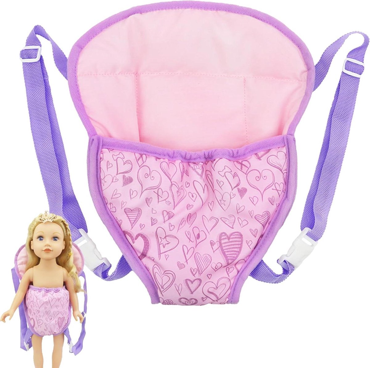 Babypoppen drager - Poppendrager rugzak - Rollenspel kinderen - Verstelbare schouderbanden - 31x11 cm - Paars met perzik hartjes