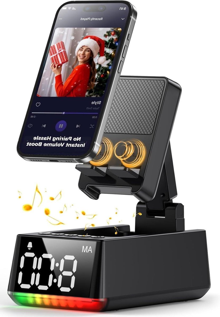 Bluetooth Luidspreker Telefoonhouder - Draagbare Speaker Wekker - Video Kijken - 3-in-1 Multifunctioneel Gadget