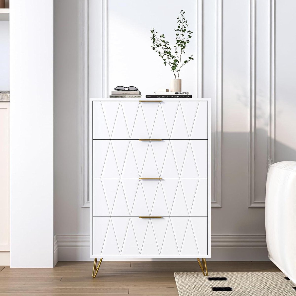 Commode met 4 laden - Opbergkast Dressoir - Slaapkamer Organiseren - Gouden Poten Handgrepen