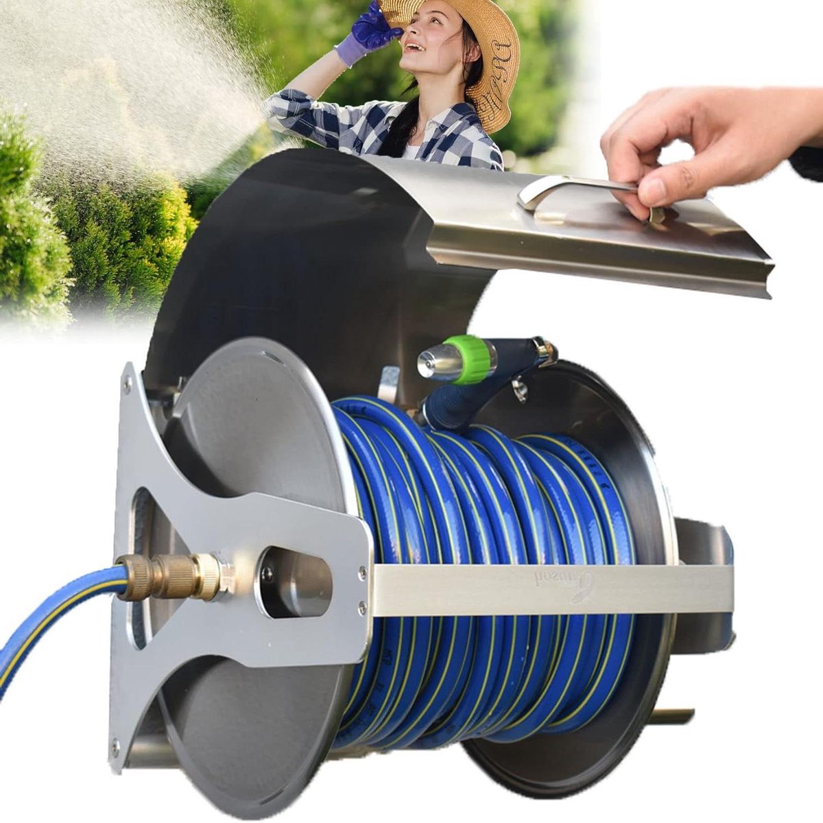 Slanghaspel Roestvrij Staal - Waterslanghouder Tuinslang - Tuin Bewateren - Met Deksel - 20m Slang - Zilver