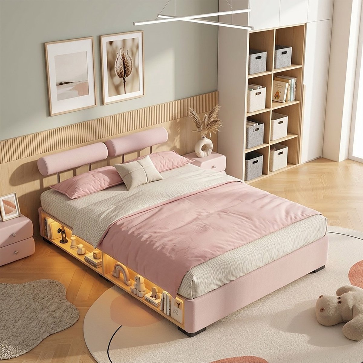 KOMHTOM Kinderbed - Roze Gestoffeerd Bed met LED Verlichting - Opbergruimte - Verstelbaar Hoofdeinde - Jeugdbed voor Meisjes - 140x200 cm