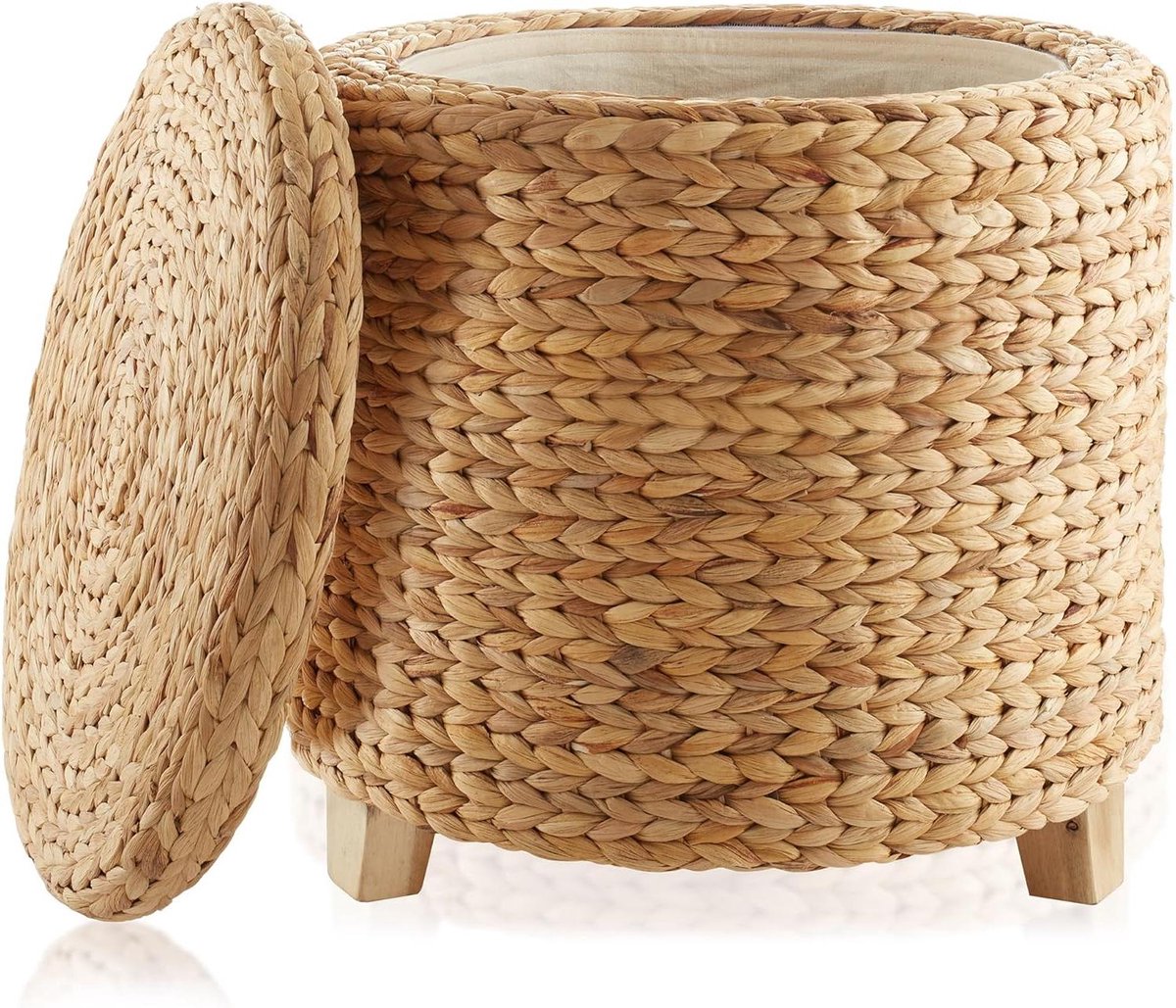 Ronde Opberg Poef - Voetenbank met Deksel - Woonkamer Organisatie - Handgeweven Waterhyacint - 45 cm Diameter - Natuurlijk