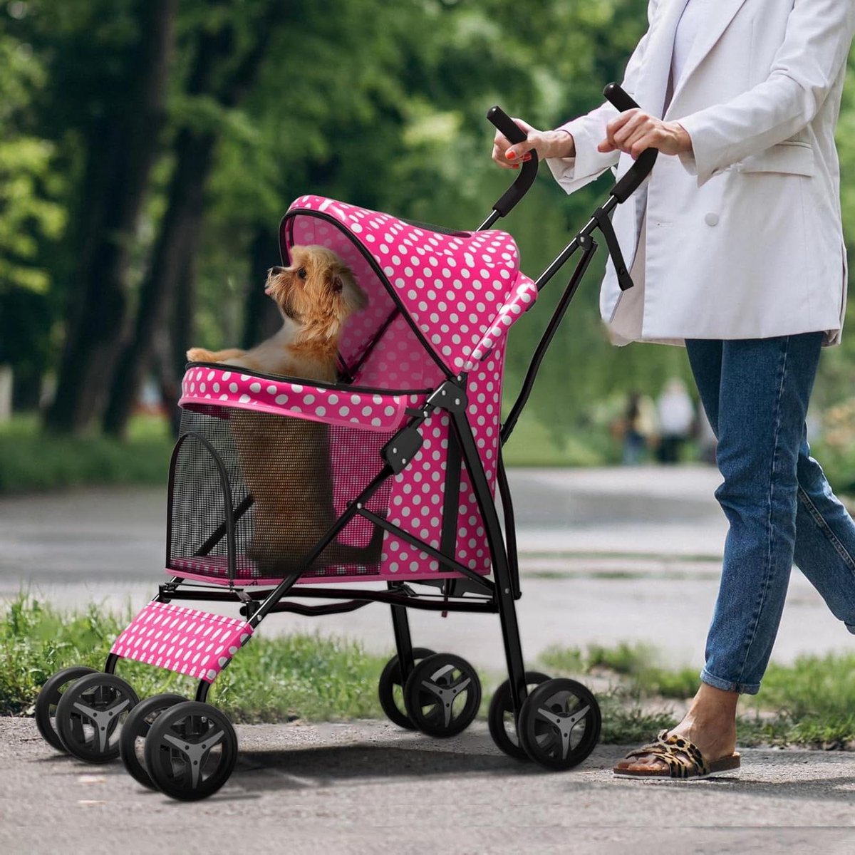 Dieren Wandelwagen - Hondenkar Kattenkar - Comfortabel Wandelen - Schokabsorberend Wiel - Tot 10kg - Roze Stippen