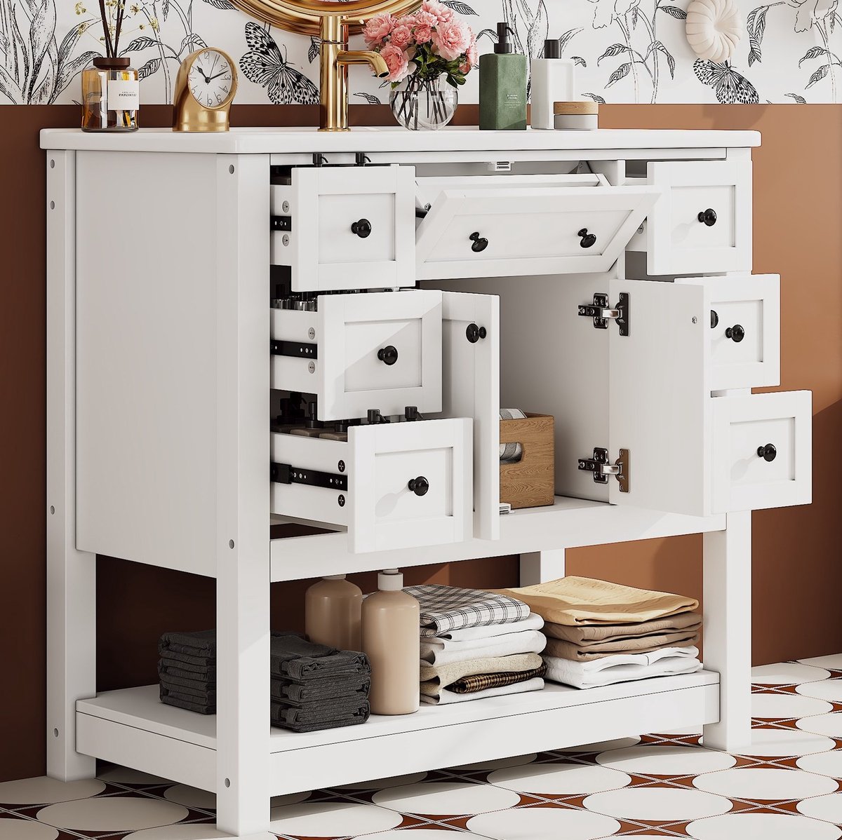 STILVORA Badkamerkast - Vrijstaande Wastafelkast Met Keramische Wastafel En 6 Laden - Voor Badkamer - MDF En Keramiek - 91,5x46,5x90 Cm - Wit