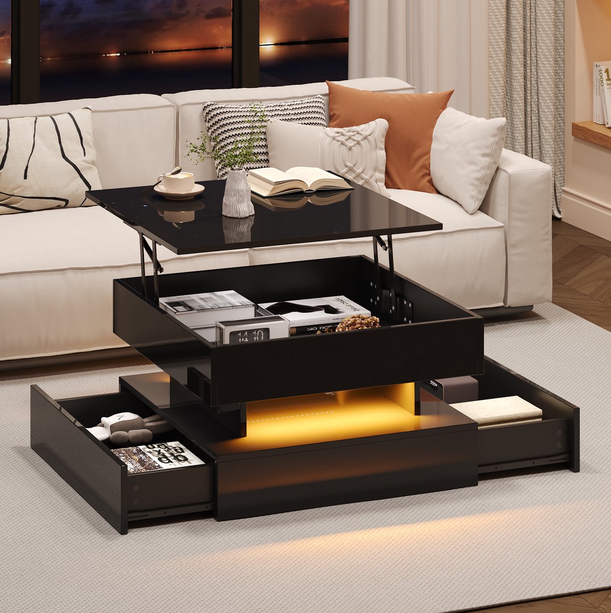 HAUSS SPOLE Salontafel - Hoogglans Tafel Met Verstelbaar Blad, LED-Verlichting En 2 Lades - Voor Woonkamer - Spaanplaat - 65x65x38,5 Cm - Zwart
