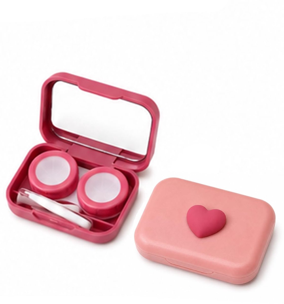2-delig contactlenzenetui in hartvorm met spiegel voor gekleurde en zachte contactlenzen, compacte reisset in rood en roze, hermetische accessoires met pincet en zuignap