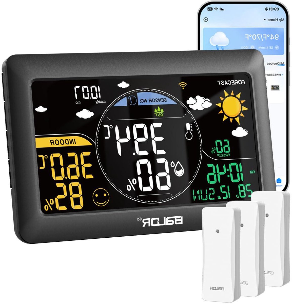 Weerstation met App - Buiten thermometer - Weer voorspellen - Groot kleurendisplay - 7.5 Inch - Zwart