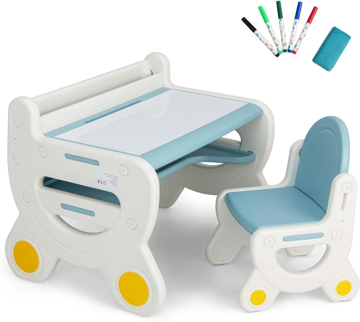 Kindertafel Stoel - Kinderzitje Set - Leren Tekenen Spelen - Afwasbaar Tekenblad - 78 x 60 x 58 cm - Blauw