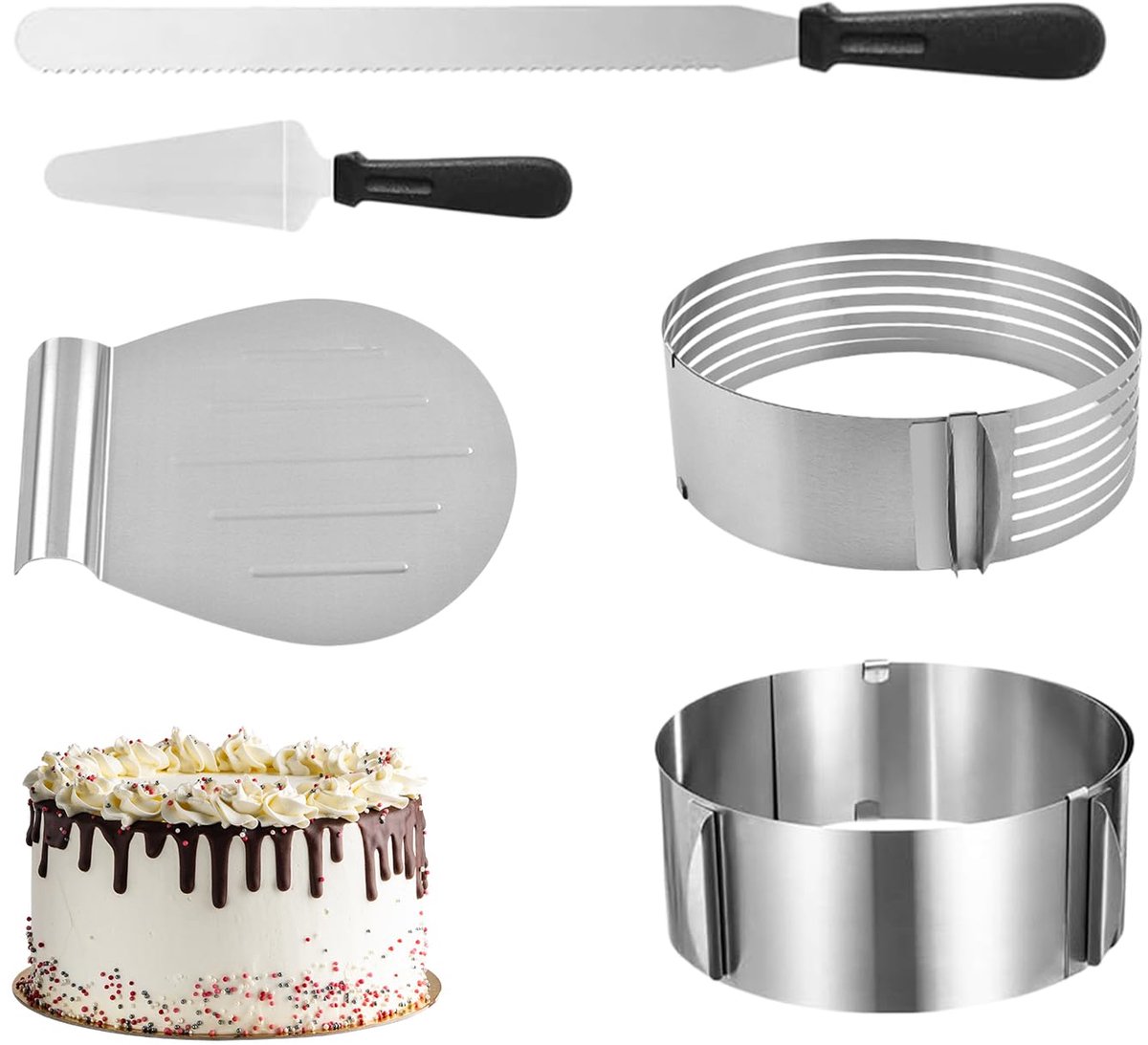 Taartringen, snijhulp met taartsnijder, taartredder en palet, hoge accessoires, bakframe rond, voor professioneel bakken en decoreren van taarten
