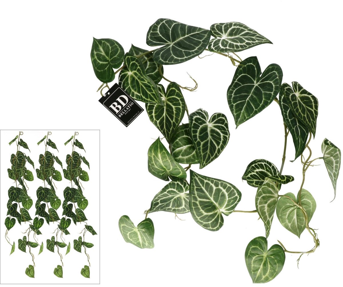 Bellatio Design kunstplant/hangplant slinger - 3x - Anthurium - groen - 109 cm lang - planten guirlandes