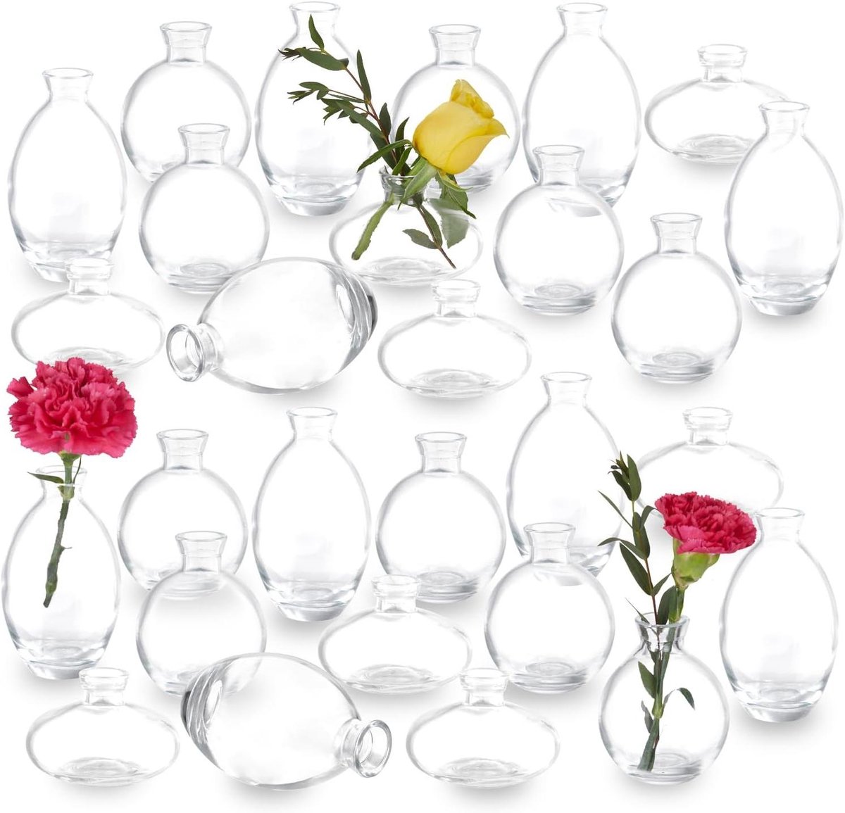 Mini Vaasjes Set - Glazen Vaasjes - Bloemen Decoratie - 3 Verschillende Stijlen - 28 Stuks - Helder Glas
