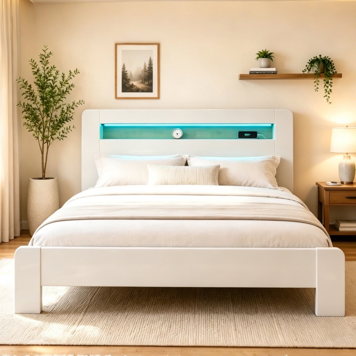 Merax Tweepersoonsbed 180 x 200 cm - met opbergruimte bij het hoofdeinde - LED-verlichting - ingebouwd stopcontact - wit - zonder matras