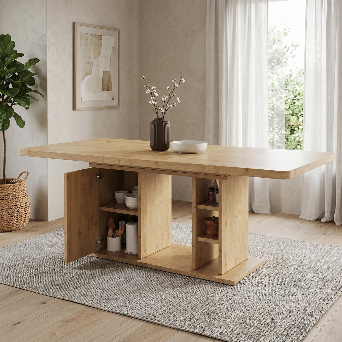 MIVRAY Eettafel - Uitschuifbaar Met Opbergruimte Voor 6 Tot 8 Personen - Scandinavisch Voor Eetkamer - MDF Eikenkleur - 180x80x75 Cm