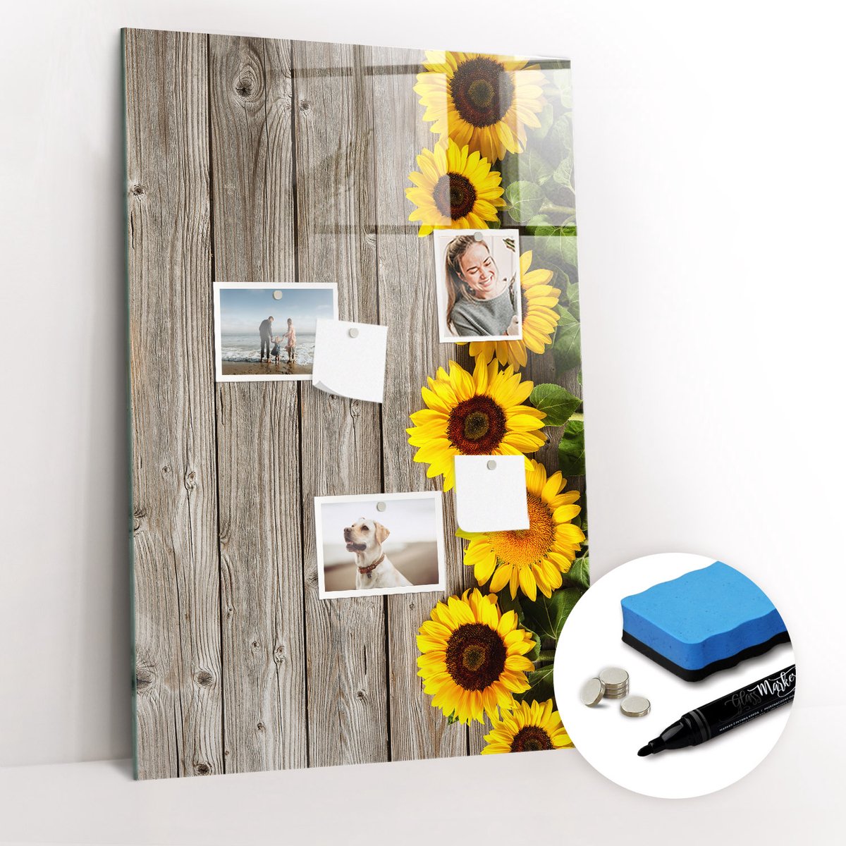 Tulup Whitebord - Zonnebloemen hout - 60 x 90 cm - Bruin Magnetisch Bord Kind - Gratis 5 Sterke Magneten + Whiteboard Marker & Wisser - Wanddecoratie Kantoor - Magneetbord Foto - Ideeënbord Thuiswerkplek