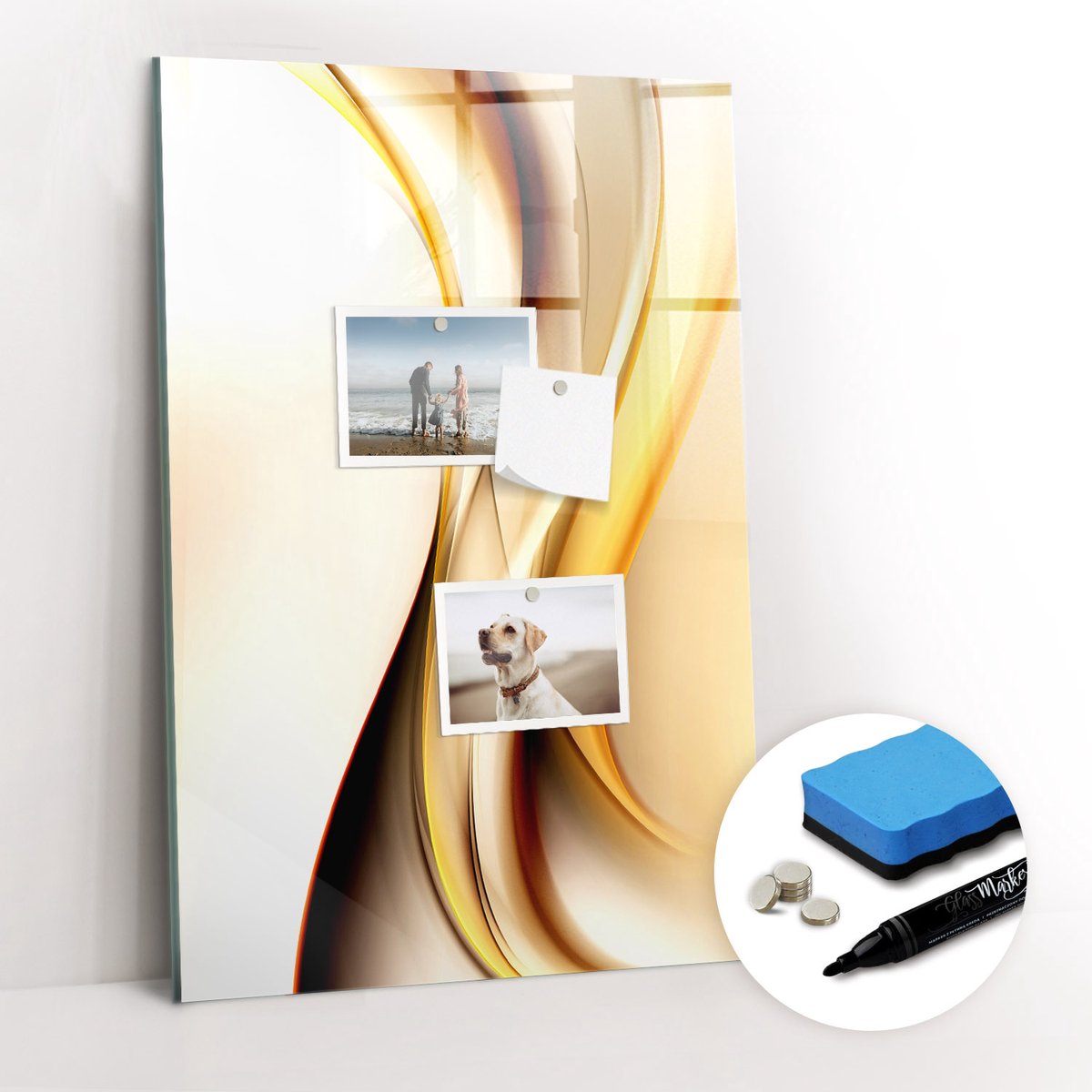 Tulup Whitebord - Gouden Golf Abstractie - 40 x 60 cm - Geel Memo Bord - Gratis 5 Sterke Magneten + Whiteboard Marker & Wisser - Wanddecoratie Kantoor - Memo Bord - Productiviteit Tools