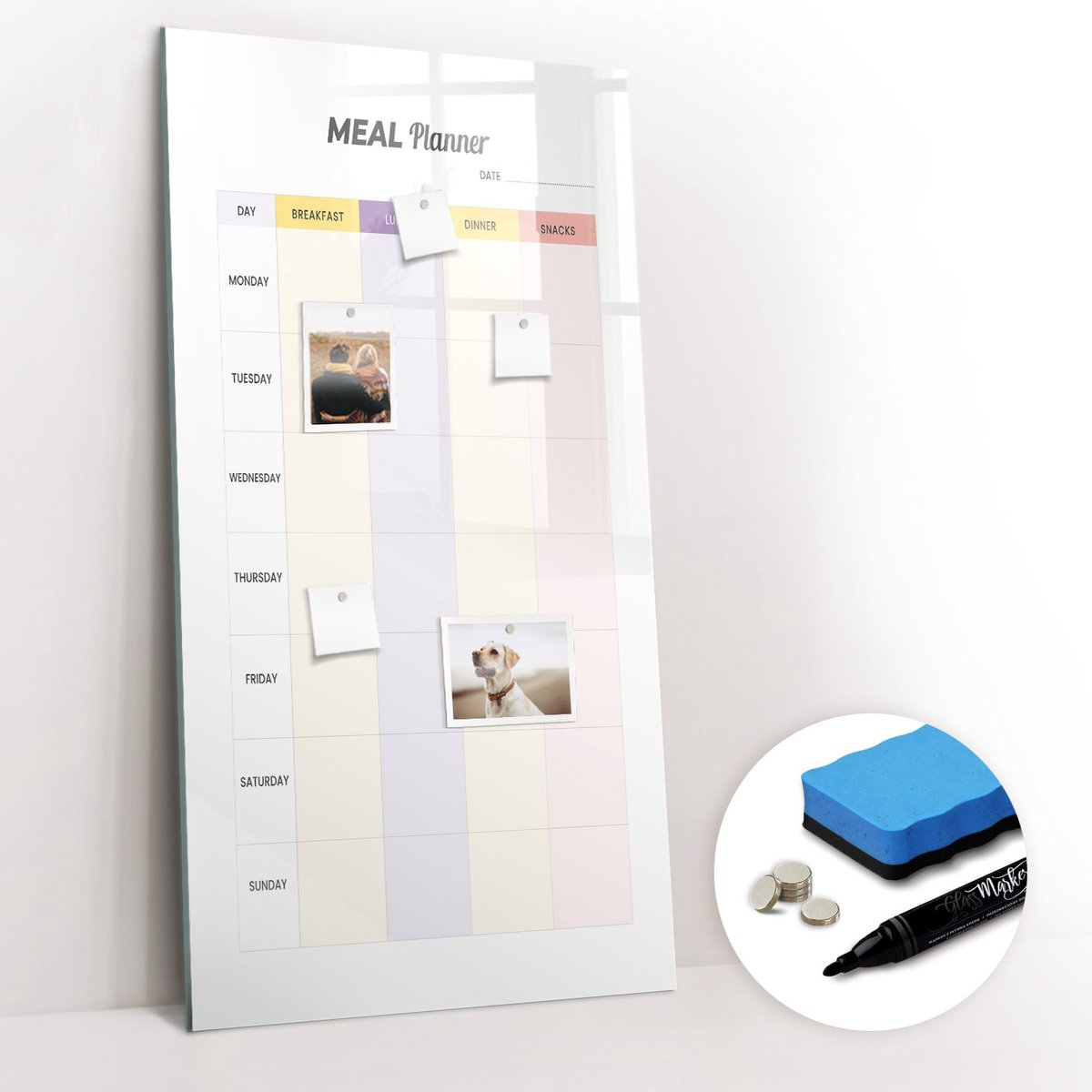 Tulup Whitebord - Calorie maaltijdplanner - 60 x 120 cm - Veelkleurig Foto Magneetbord - Gratis 5 Sterke Magneten + Whiteboard Marker & Wisser - Decoratief Magnetisch Bord - Memobord Glas - Productiviteit Tools
