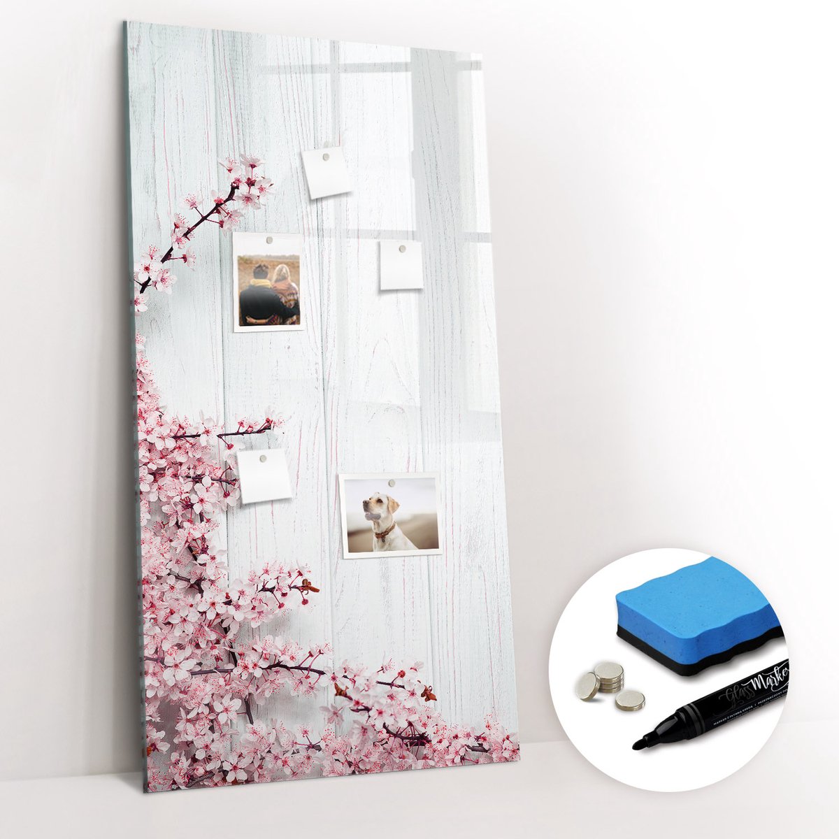 Tulup Whitebord - Bloemen op hout - 60 x 120 cm - Wit Memobord Glas - Gratis 5 Sterke Magneten + Whiteboard Marker & Wisser - Interieur Accessoires Kantoor - Foto Magneetbord - Productiviteit Tools