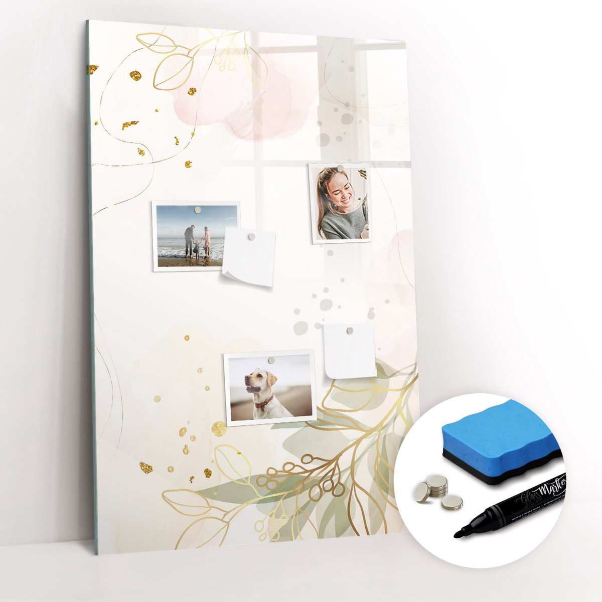 Tulup Whitebord - Gouden plant abstractie - 60 x 90 cm - Veelkleurig Memo Magneetbord - Gratis 5 Sterke Magneten + Whiteboard Marker & Wisser - Minimalistisch Prikbord - Magnetisch Memobord - Organiseer Je Bureau