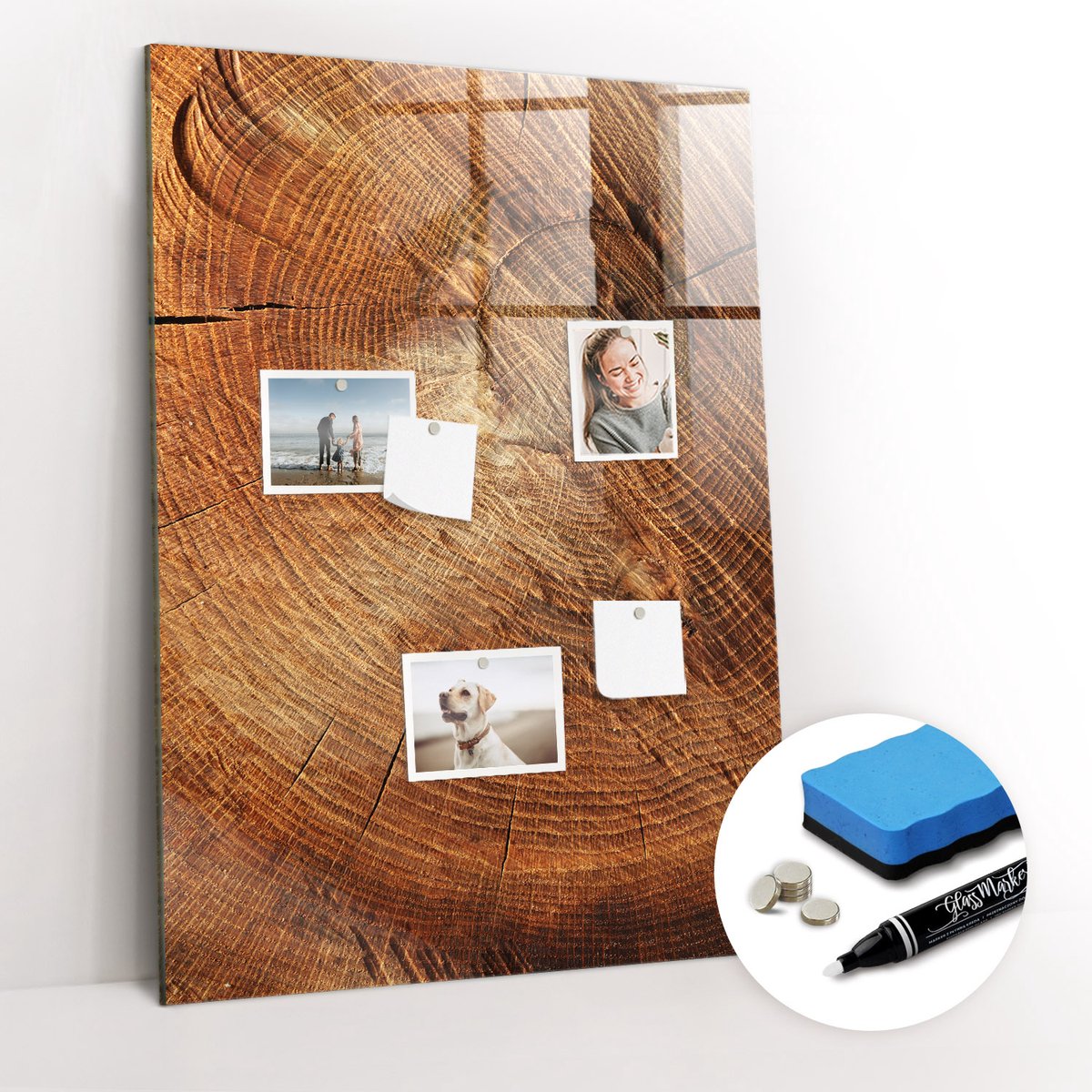 Tulup Whitebord - Dwarsdoorsnede van de stam - 70 x 100 cm - Bruin Magneetbord Foto - Gratis 5 Sterke Magneten + Whiteboard Marker & Wisser - Minimalistisch Prikbord - Magnetisch Memobord - Organiseer Je Bureau