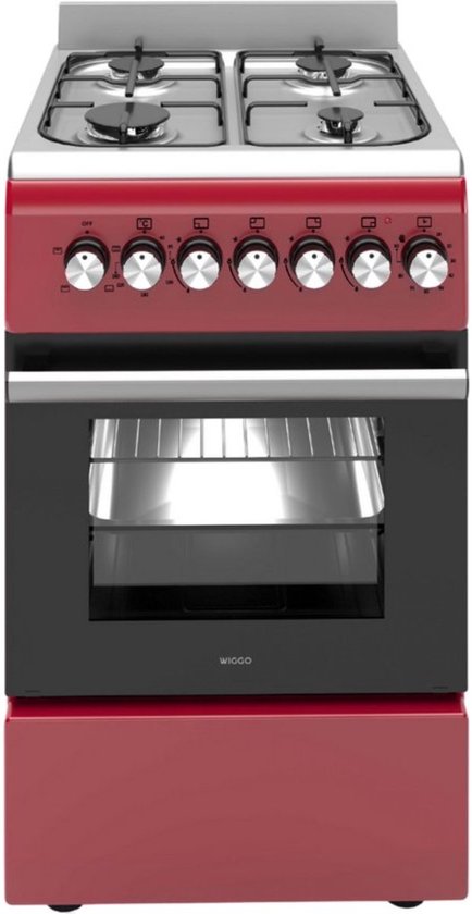 Rood Wiggo fornuis met 4 gaspitten, oven met glazen deur en 6 draaiknoppen.