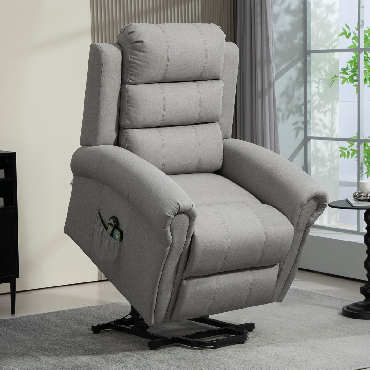 MEUNIQ elektrische relaxfauteuil met sta-op functie, ligfunctie, massage en rugverwarming, stof, 91 x 89 x 106 cm, lichtgrijs, met 2 afstandsbedieningen