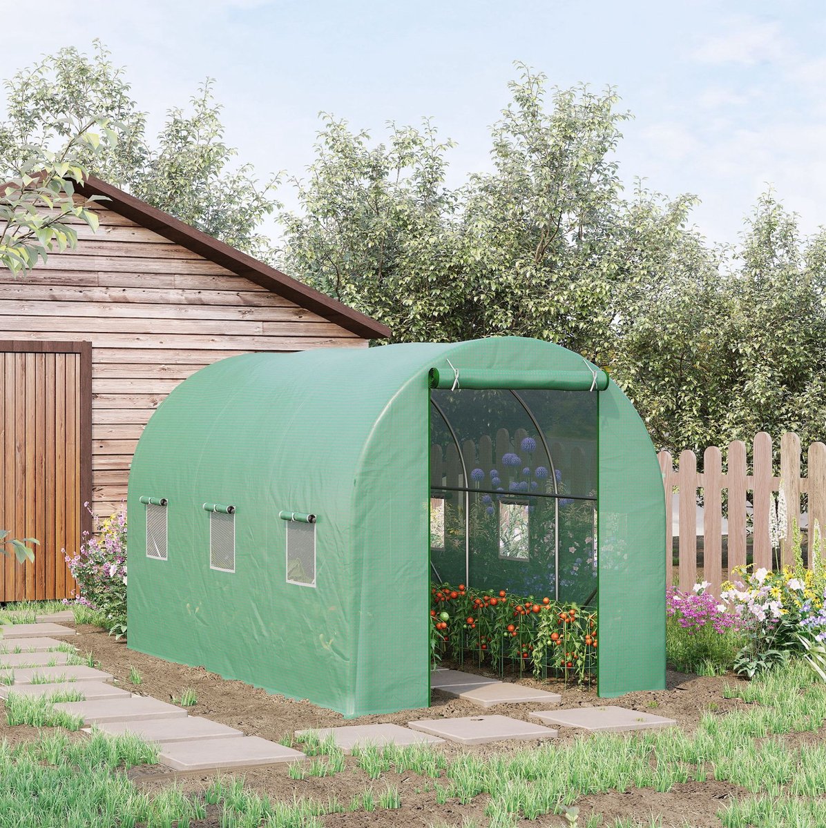 MEUNIQ Kweektunnel 350 x 200 x 200 cm met oprolbare deur, gaasvensters, PE-folie en stalen frame, folietunnel voor tomaten, kruiden en bloemen, groen