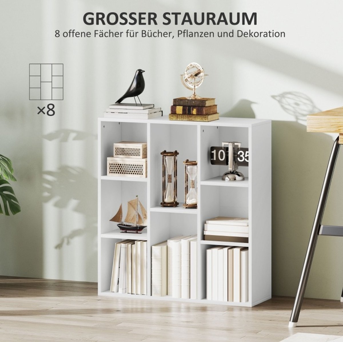 MEUNIQ Boekenkast 74,3 x 24 x 80 cm met 8 open vakken, horizontaal of verticaal te plaatsen, opbergkast voor woonkamer, slaapkamer of kantoor, wit