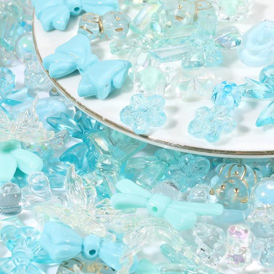 160 stuks, 16 verschillende esthetische acrylkralenset, Kawaii stijl, blauw wit, hars, ronde kralen, bloemen, sterren, hazen, strikken, vlinders, losse kralen voor het maken van sieraden — afbeelding 4