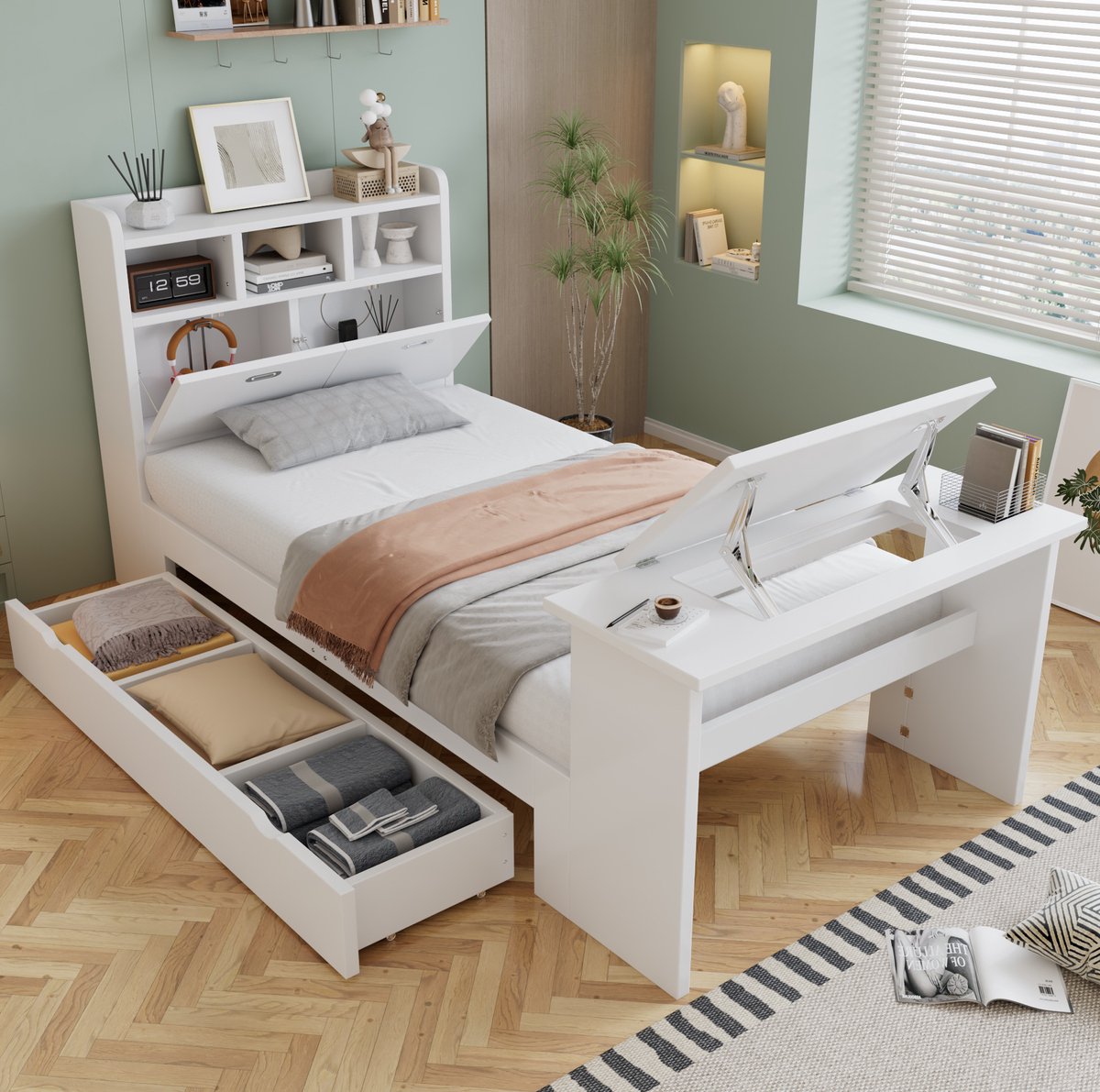 MIVRAY Eenpersoonsbed 90x200 cm Zonder Matras - Met Opberglade, Hoofdbordplank En Verstelbare Klaptafel - Houtlook - Wit