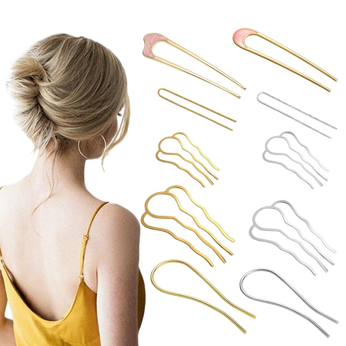 10 stuks haarsteekkam, metalen zijkammen, haarvork, clip, U-vorm, haarkam om in te steken, metalen haarkammen, haarkammen om in te steken, gouden insteekkam voor vrouwen en meisjes (zilver +