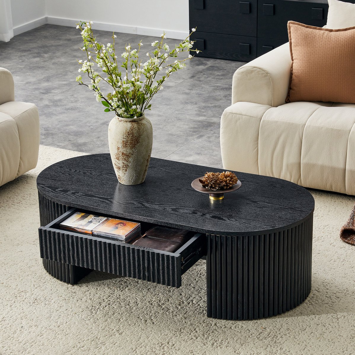 HAUSS SPOLE Salontafel - Ovale Tafel Met Lade En Geribbelde Zijkanten - Voor Woonkamer Bij De Bank - MDF - 105x54x38 Cm - Zwart