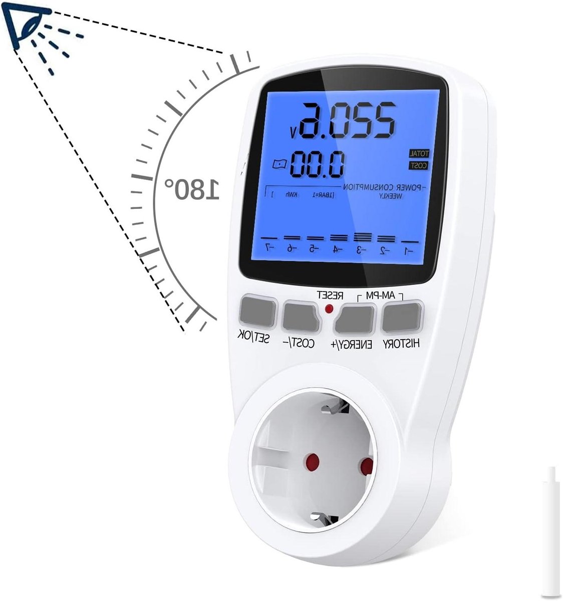 Stroomverbruiksmonitor - Energie Meter - Kosten Bewaken - Dubbele Tarief Instelling - 180 Graden Zicht - Zwart