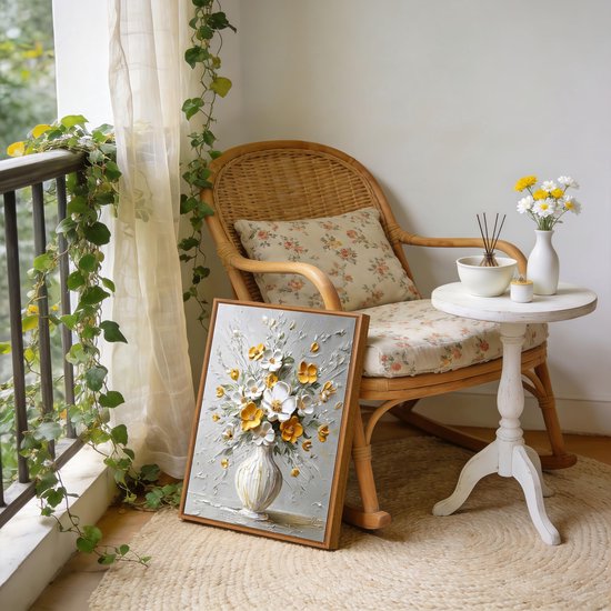 Print op canvas met modern frame, wit, geel, beige, bloemen, schilderijen op canvas, poster, bloemen, botanische planten in pot, moderne foto's, poster, wandprint, woonkamer, slaapkamer, 30 x 40 cm — afbeelding 2