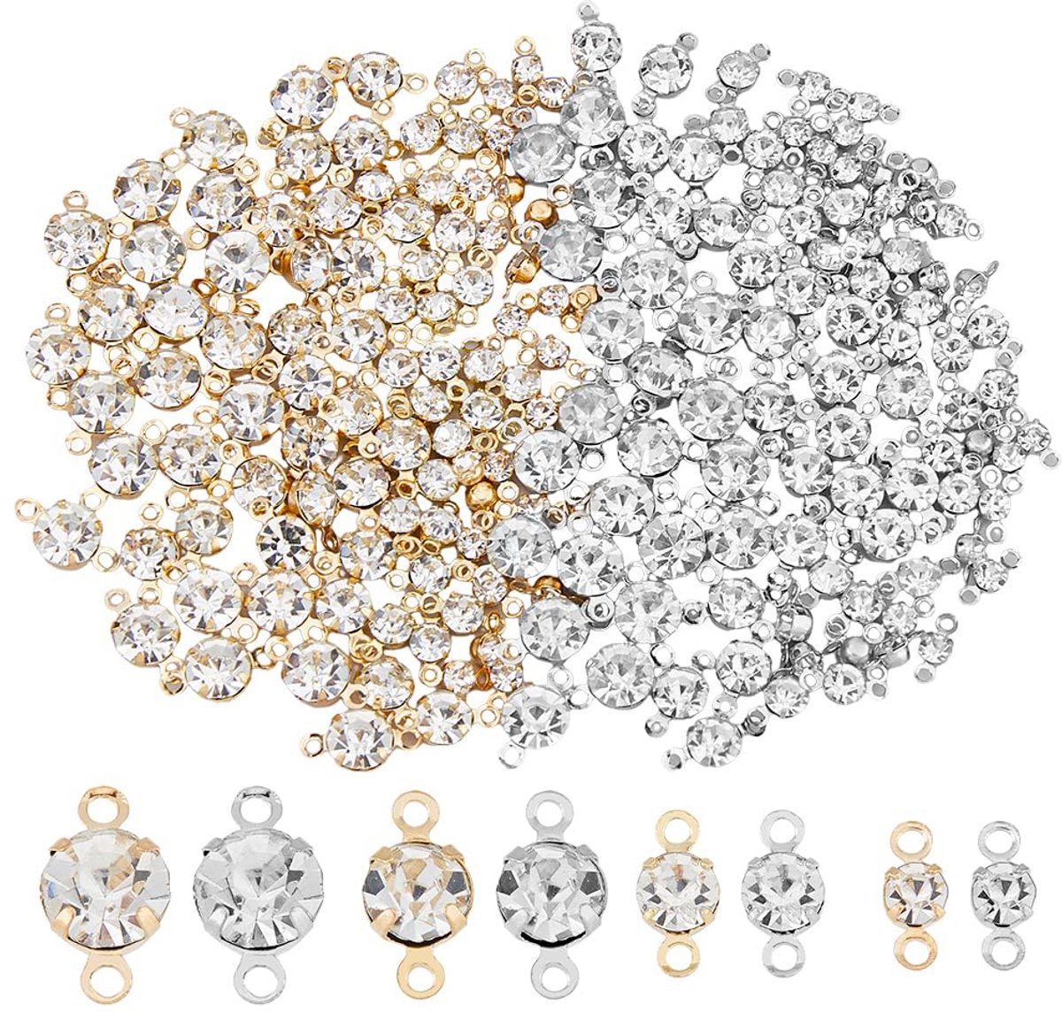 192 stuks 4 maten zirkonia schakels steentjes armband ketting connector hanger platina en licht goud kristal diamant ronde charmante connectoren voor sieraden maken, gat: 1 ~ 1,2 mm