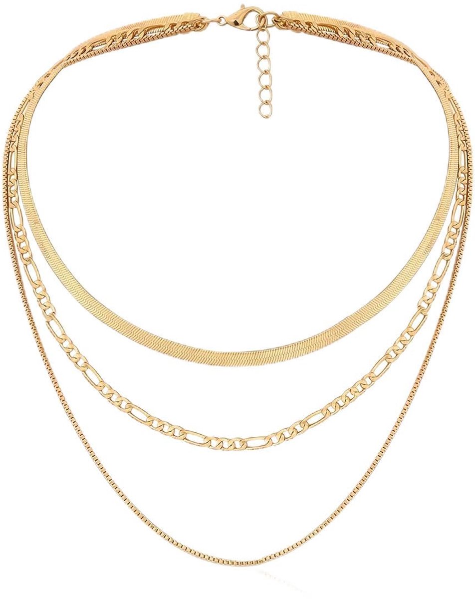 Slangenketting voor dames, roestvrij staal, goudkleurig, figaro, stapelbaar, halsketting voor dames, goud