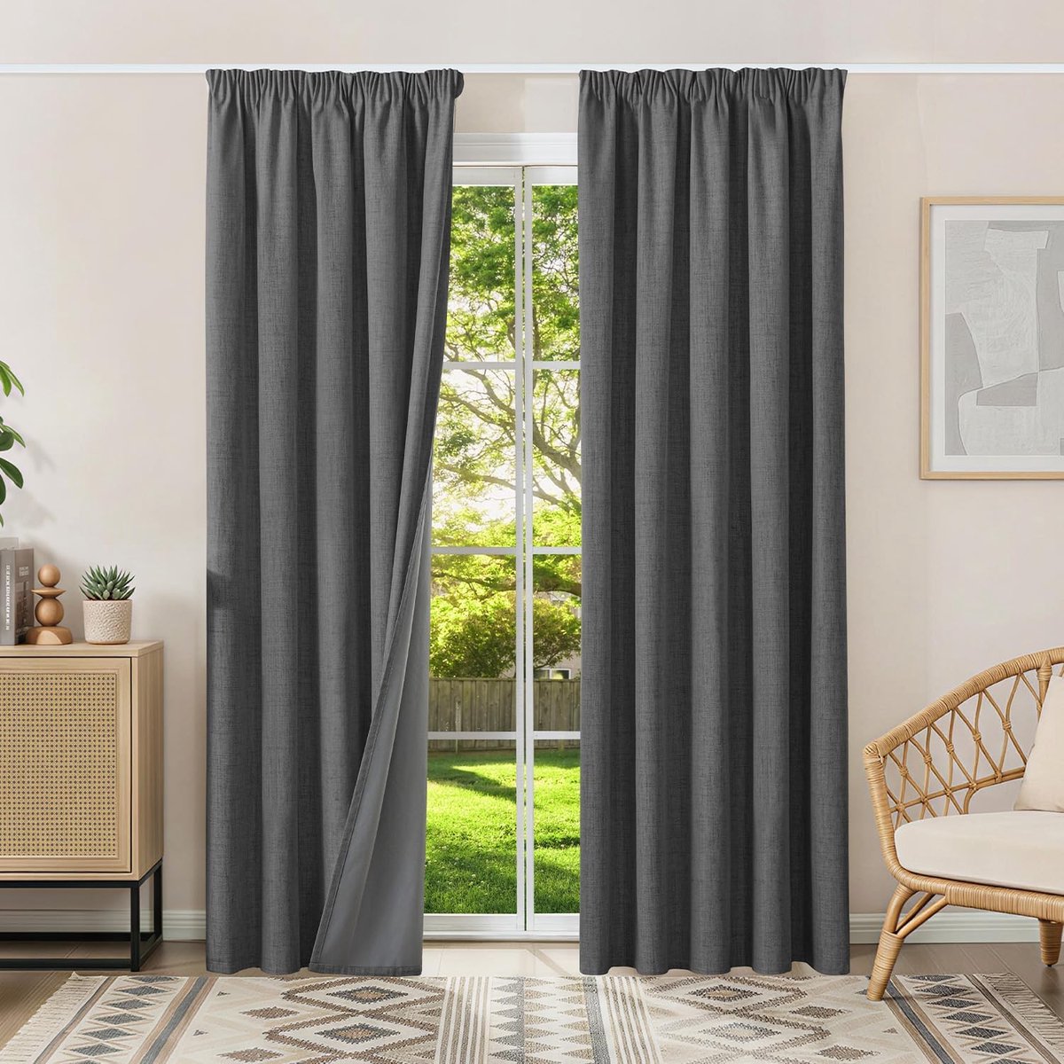 100% verduisteringsgordijn, warmte-isolerend, koudebestendig, 2 x 160 x 245 cm (b x h), linnen, ondoorzichtig, met plooiband, voor rail, woonkamer, slaapkamer, huis, hittebescherming, lawaai