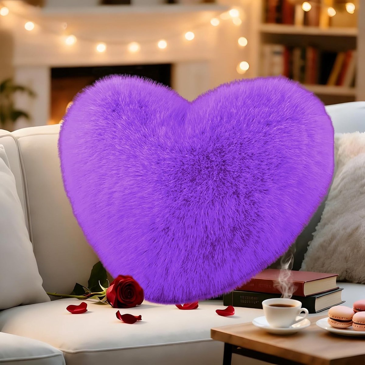 Cuddly Fluffy Heart Kussen, Decoratief Hartvormig Kussen voor Woonkamer en Slaapkamer, Perfect Cadeau voor Valentijnsdag, 40 x 50 cm, Paars