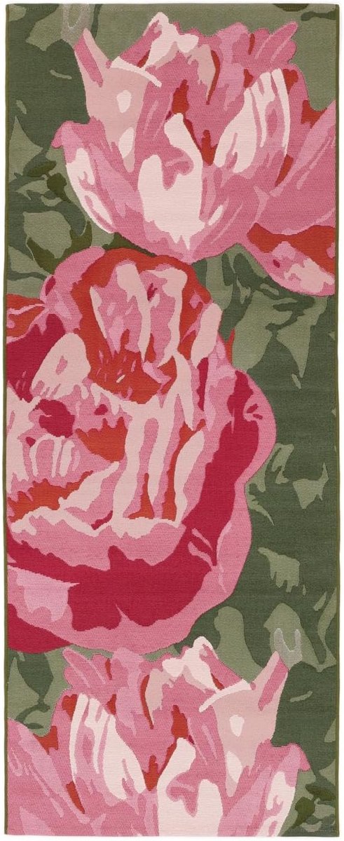 Rosabel, Binnen & buitentapijt, Moderne, 100 x 250 cm, Rechthoekig, Laagpolig, Keuken, Hal, Patio, Alleen handwas, UV-bestendig, Roze/Groen