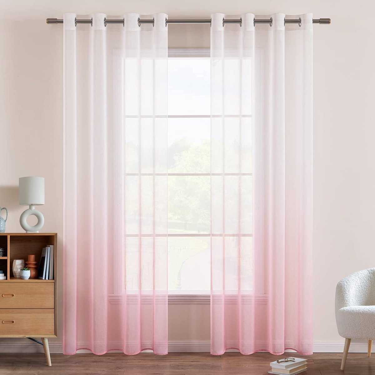 Transparante voile gordijnen met oogjes, kleurverloop, decoratief gordijn, raamgordijn voor slaapkamer en woonkamer, 245 cm x 140 cm (h x b), set van 2 witroze