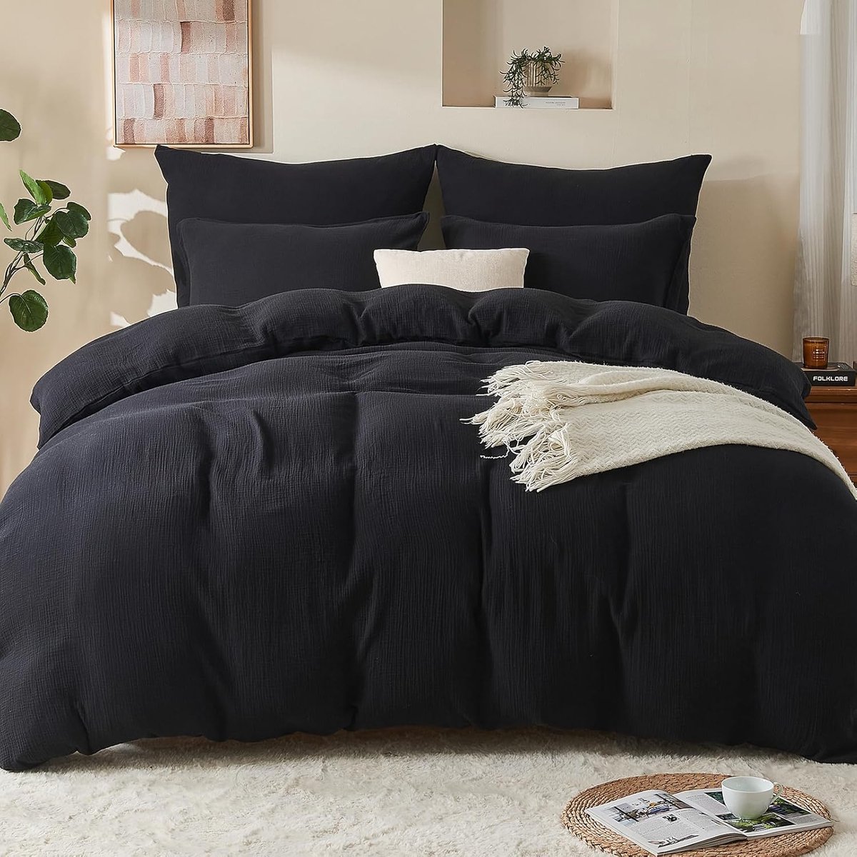 Musselin Beddengoed, 100% katoen, 220 x 240 cm, dubbel zomerbeddengoed met ritssluiting, 1-delige set dekbedovertrek met 2 kussenslopen van 80 x 80 cm, mousseline sprei, ÖKO-TEX, zwart